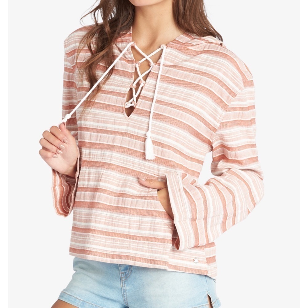 NWT WOMENS ROXY Paradise Calling Woven Poncho Hoodie PINK and white size S / L﻿﻿